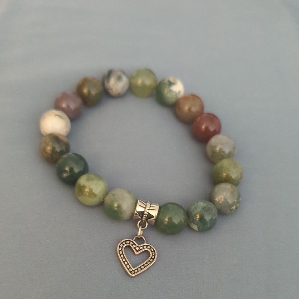 Indian Agate Bracelet With Sterling Silver Heart Charm